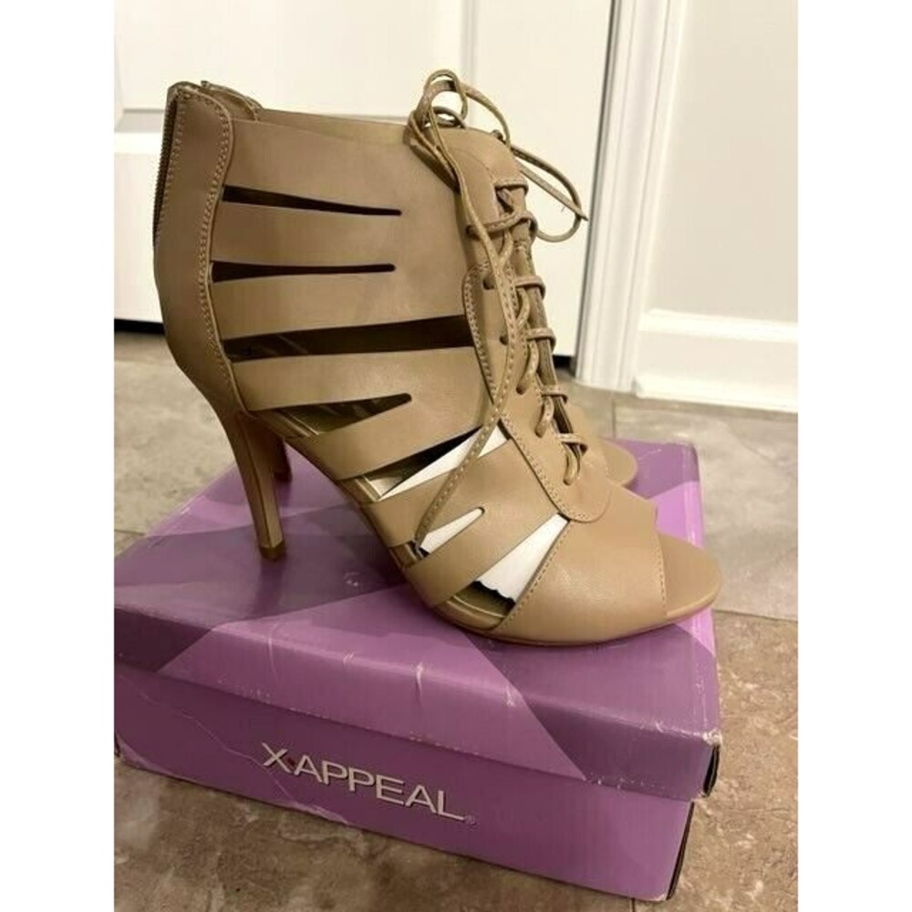 X-Appeal Beige Tan Peep Toe Cut Out Lace Up 4-Inch Heel Shoes Women's Size 10M